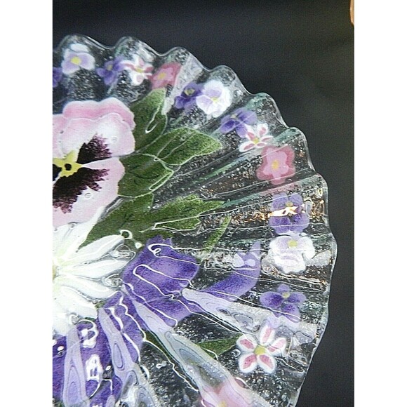 Fused Glass Floral Bouquet Plate Dish Pansy Daisy Ruffled Edge 10.5 In Signed - Picture 6 of 8